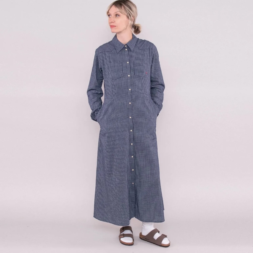 Nudie Jeans Selma Maxi Dress Pearl Button Snap Long Sleeve Cotton Medium